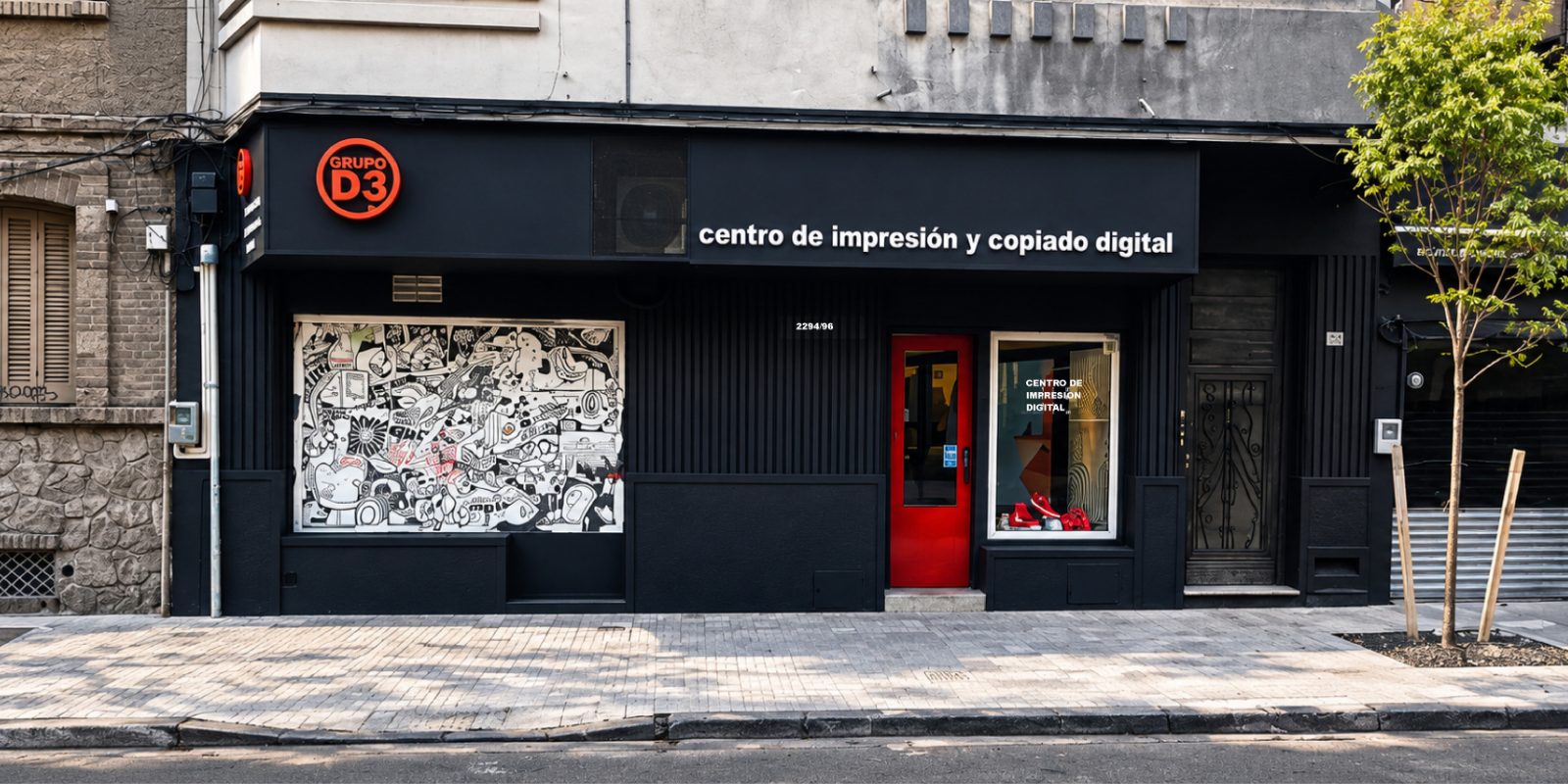 Fachada del local de Grupo D3, centro de impresión y copiado digital, en Bv. España 2294